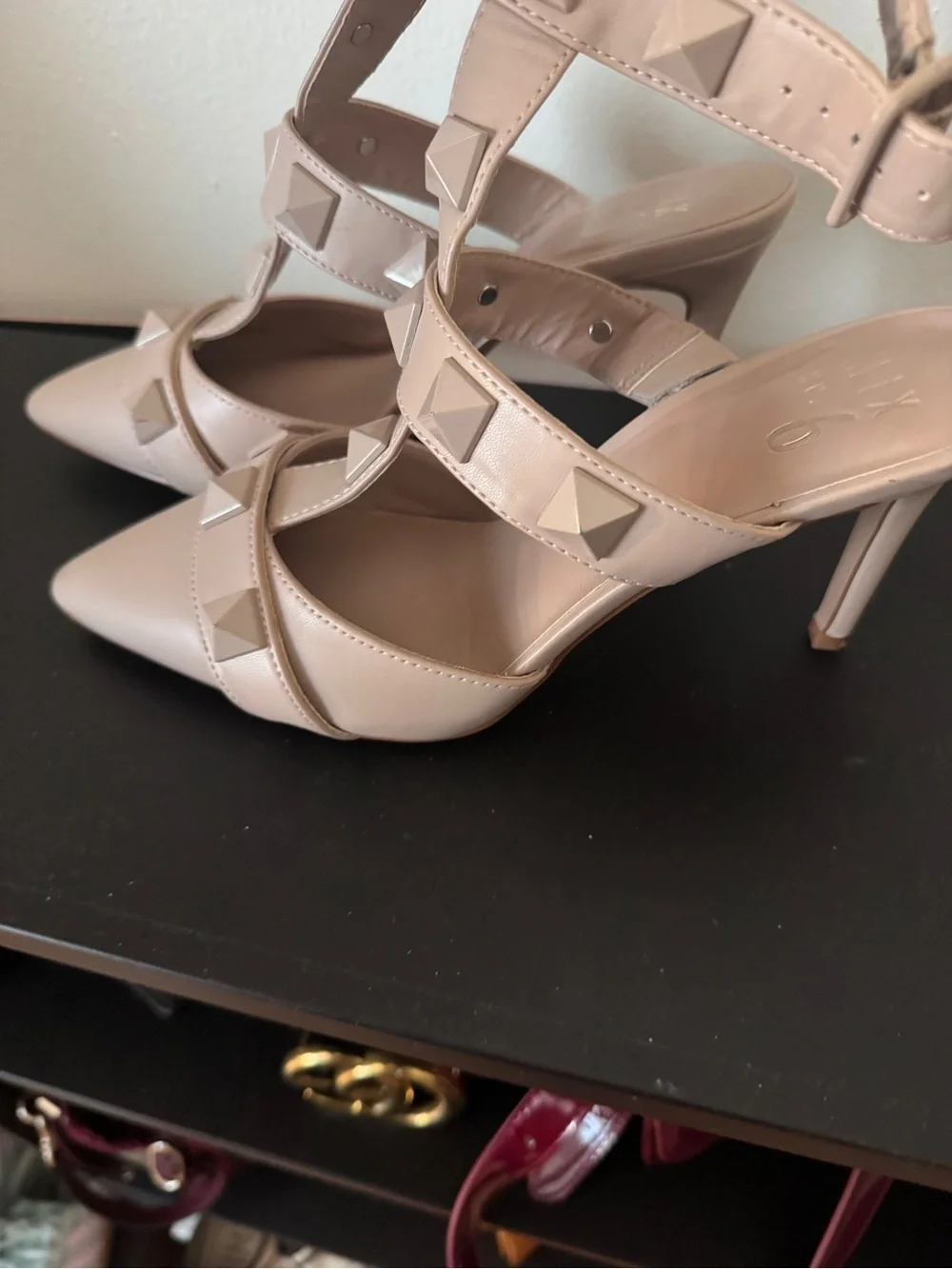 Mix No. 6 Nude Studded Pointed-Toe T-Strap Heels